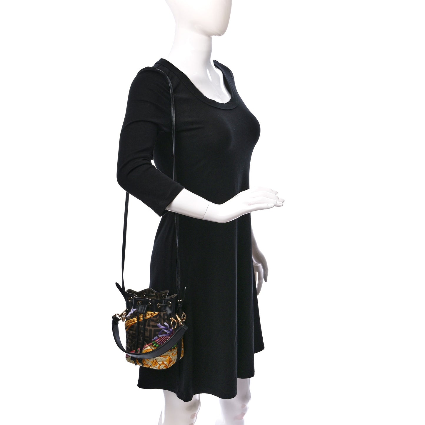 X VERSACE Silk Vitello Fendace FF Baroque Quilted Mini Mon Tresor Bucket Bag Gold Multicolor