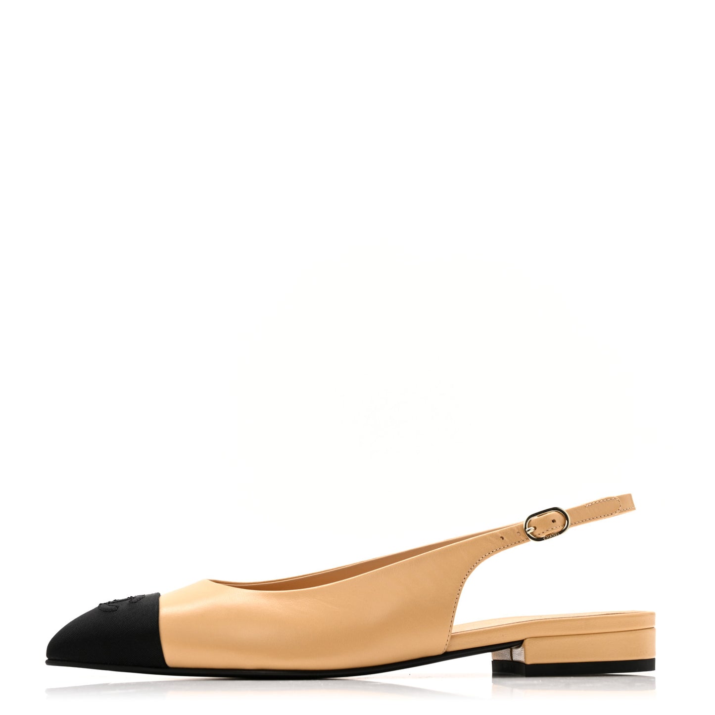 Goatskin Grosgrain Pointed Toe CC Slingback Flats 36.5 Beige Black