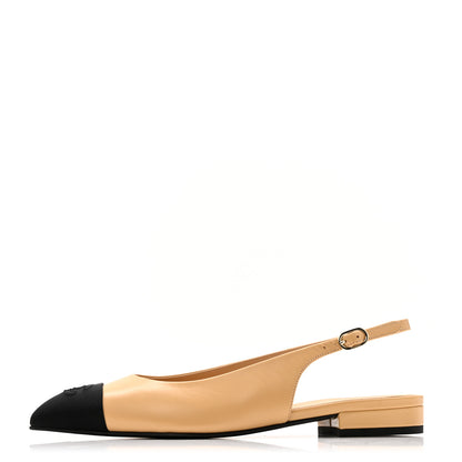 Chanel Goatskin Grosgrain Pointed Toe CC Slingback Flats 36.5 Beige Black 1 of 10
