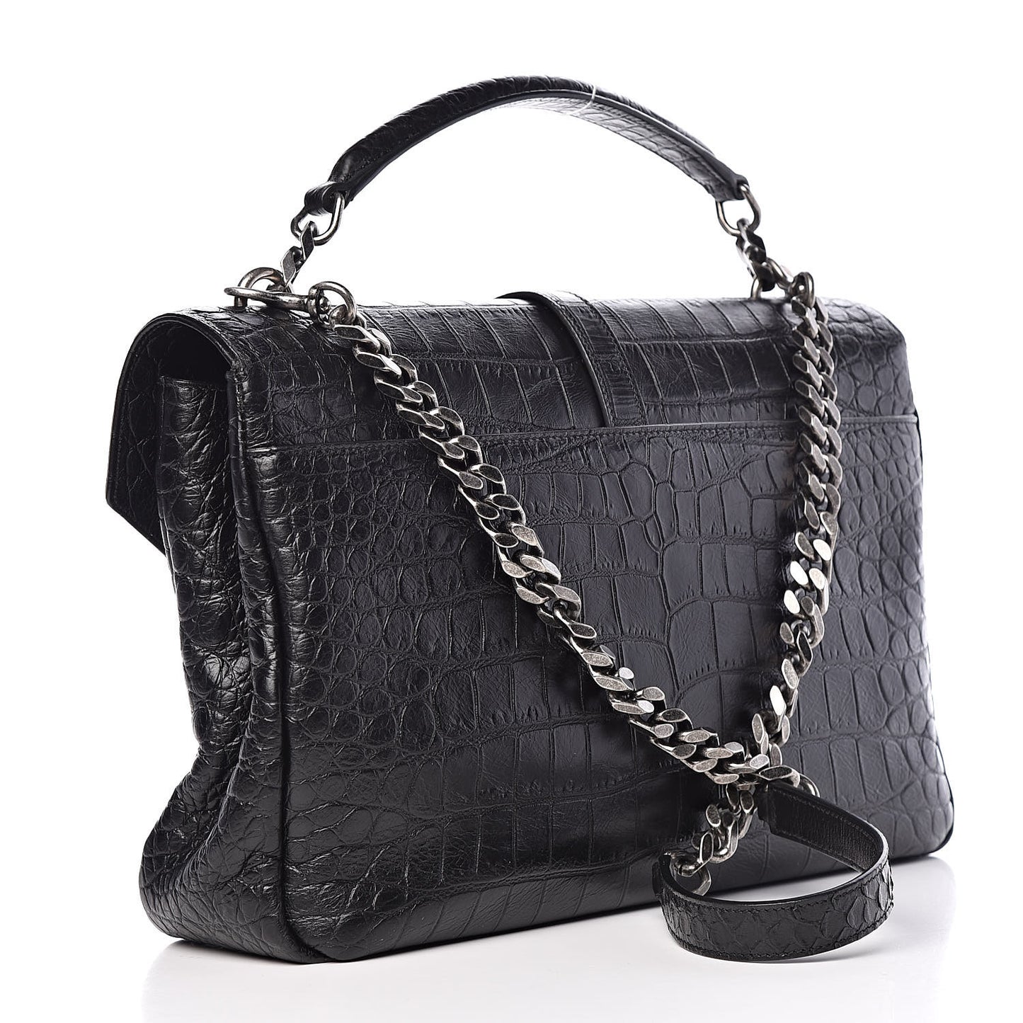 Calfskin Crocodile Embossed Monogram Large College Satchel Black