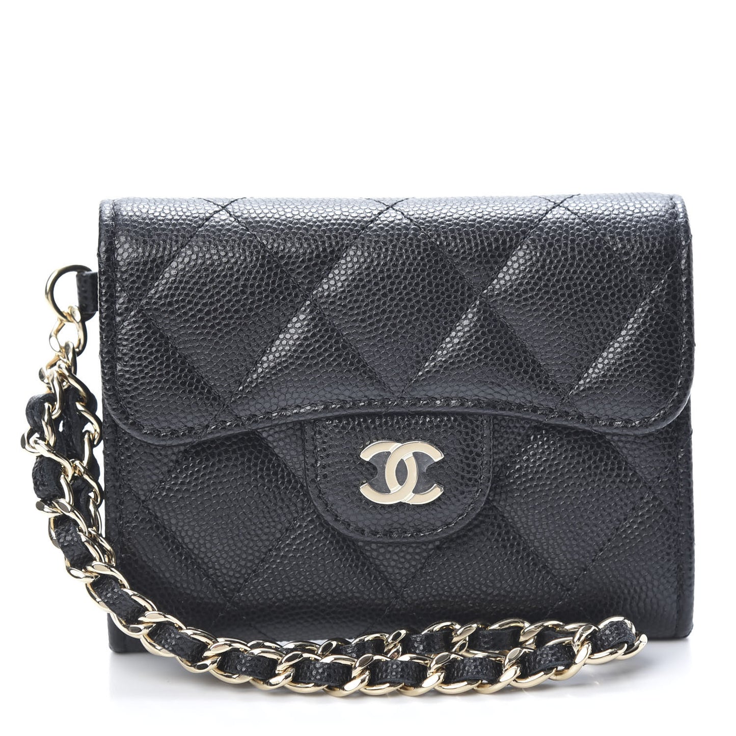 Caviar Quilted Flap Card Holder Chain Wristlet Black