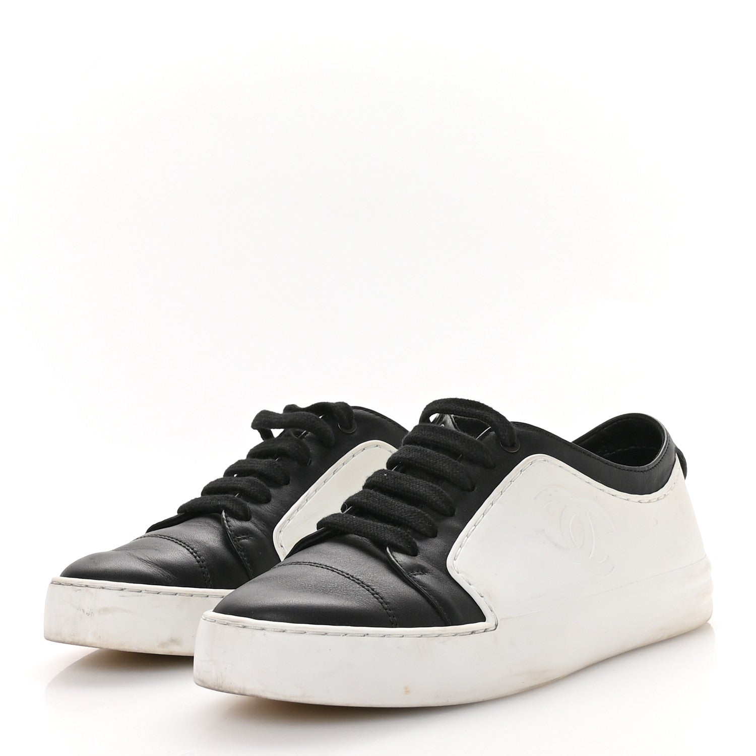 Chanel Calfskin Womens CC Sneakers 36 Black White 1790424