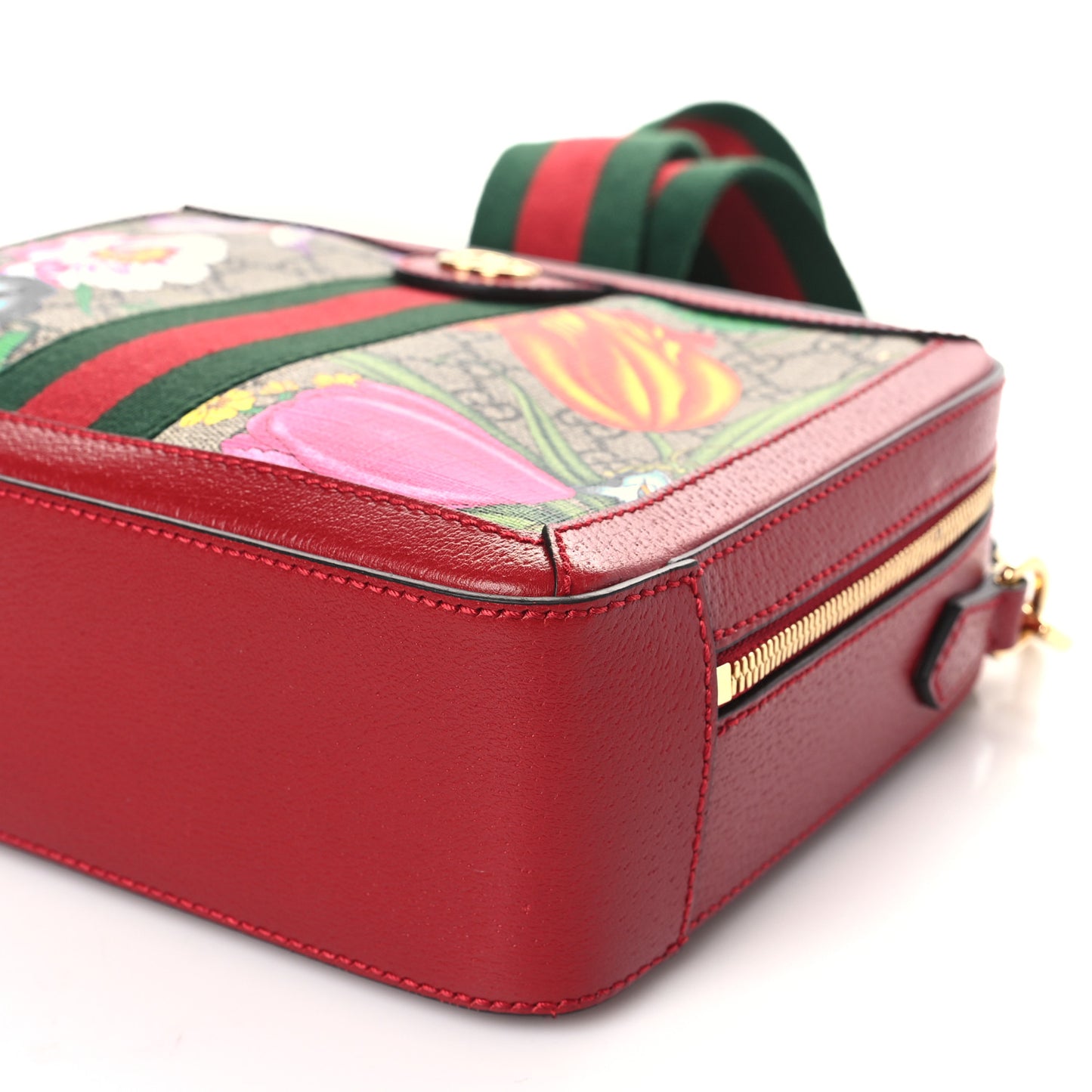 GG Supreme Monogram Flora Web Small Ophidia Top Handle Shoulder Bag Hibiscus Red