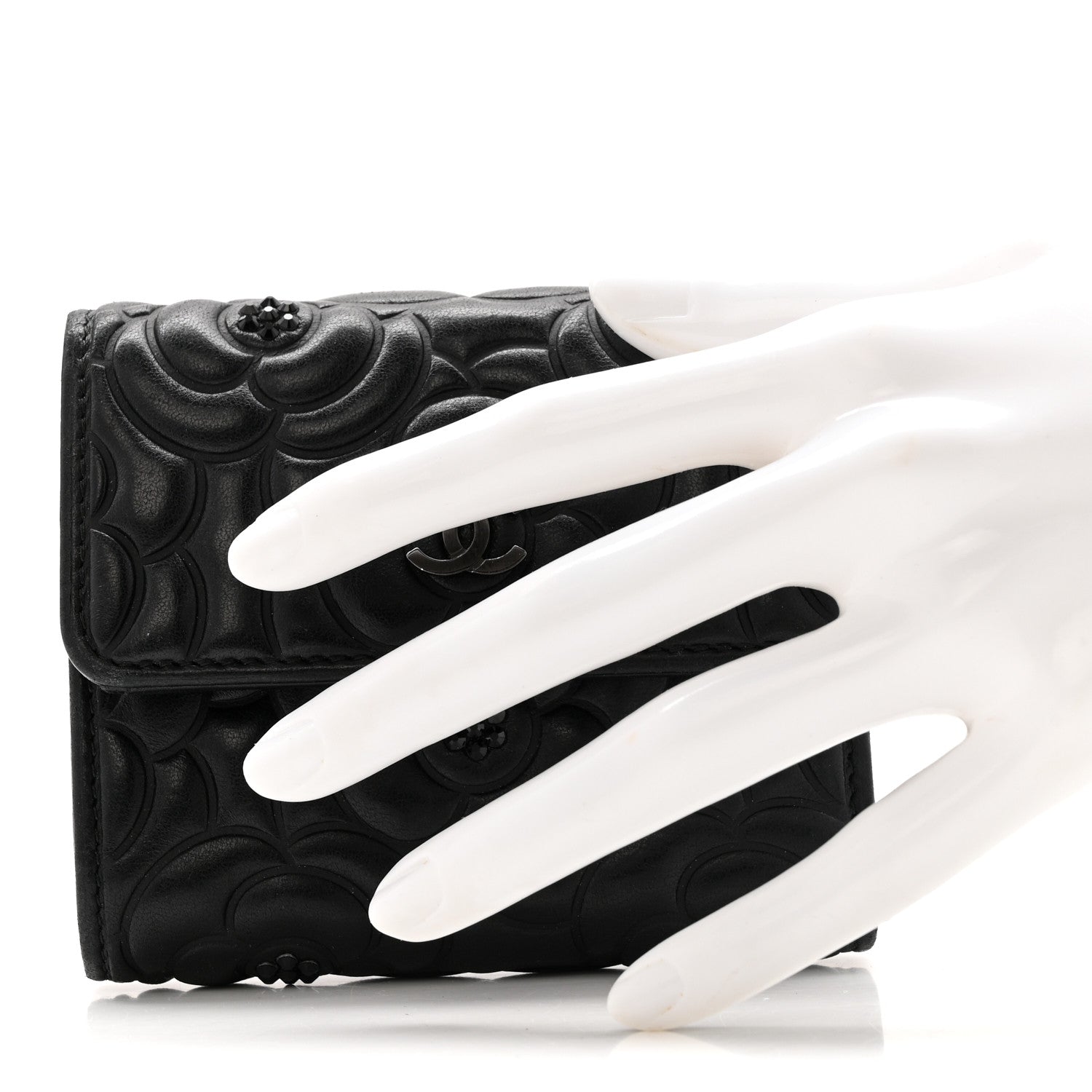 Chanel Lambskin Crystal Camellia Embossed Small Double Wallet Black 2 of 9