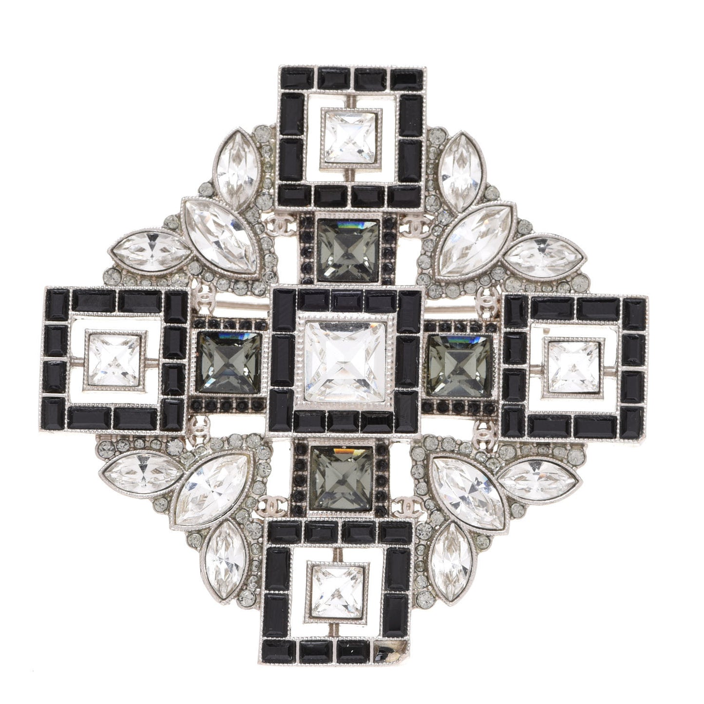 Crystal Baguette Maltese Cross Brooch Black Silver