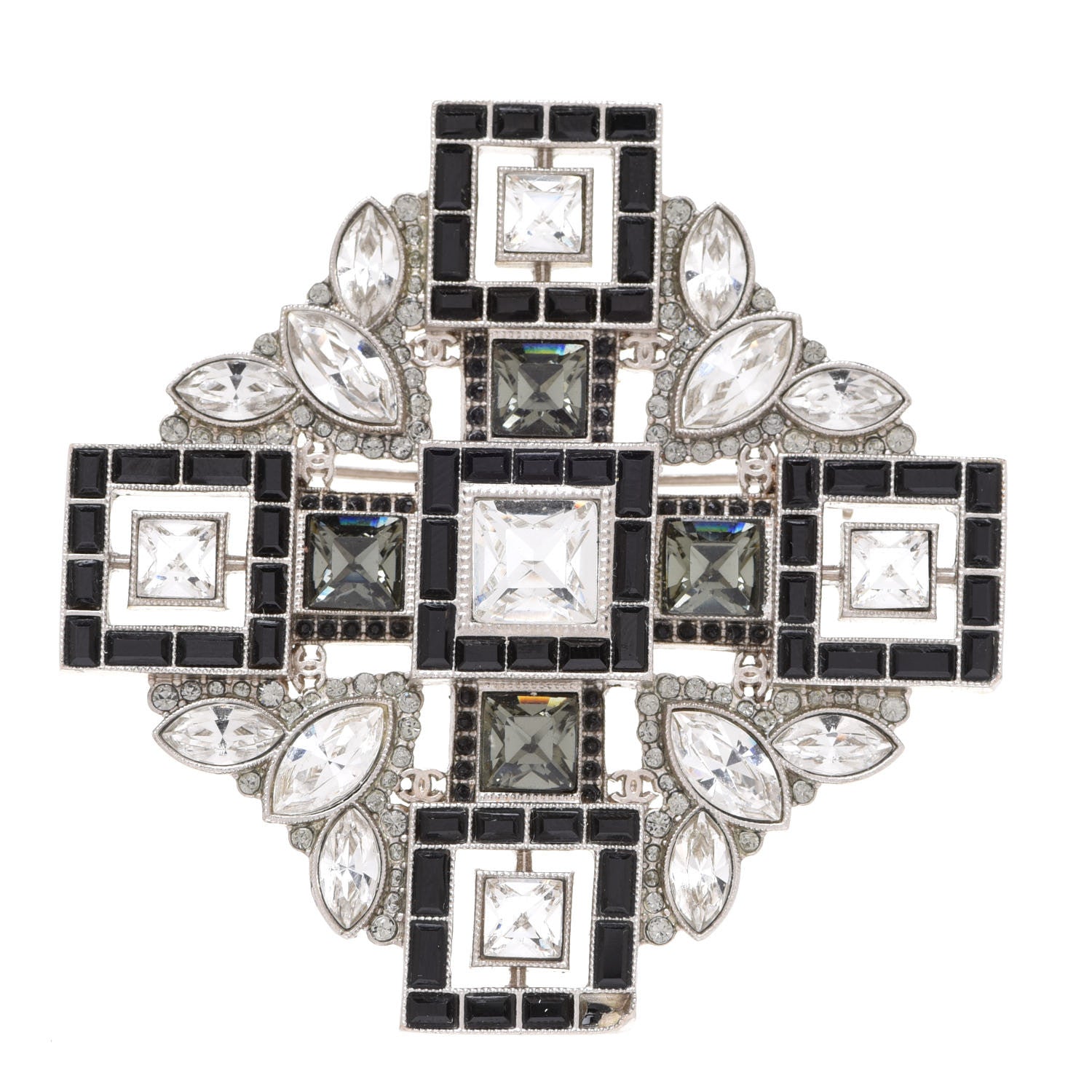 Chanel Crystal Baguette Maltese Cross Brooch Black Silver 1 of 4