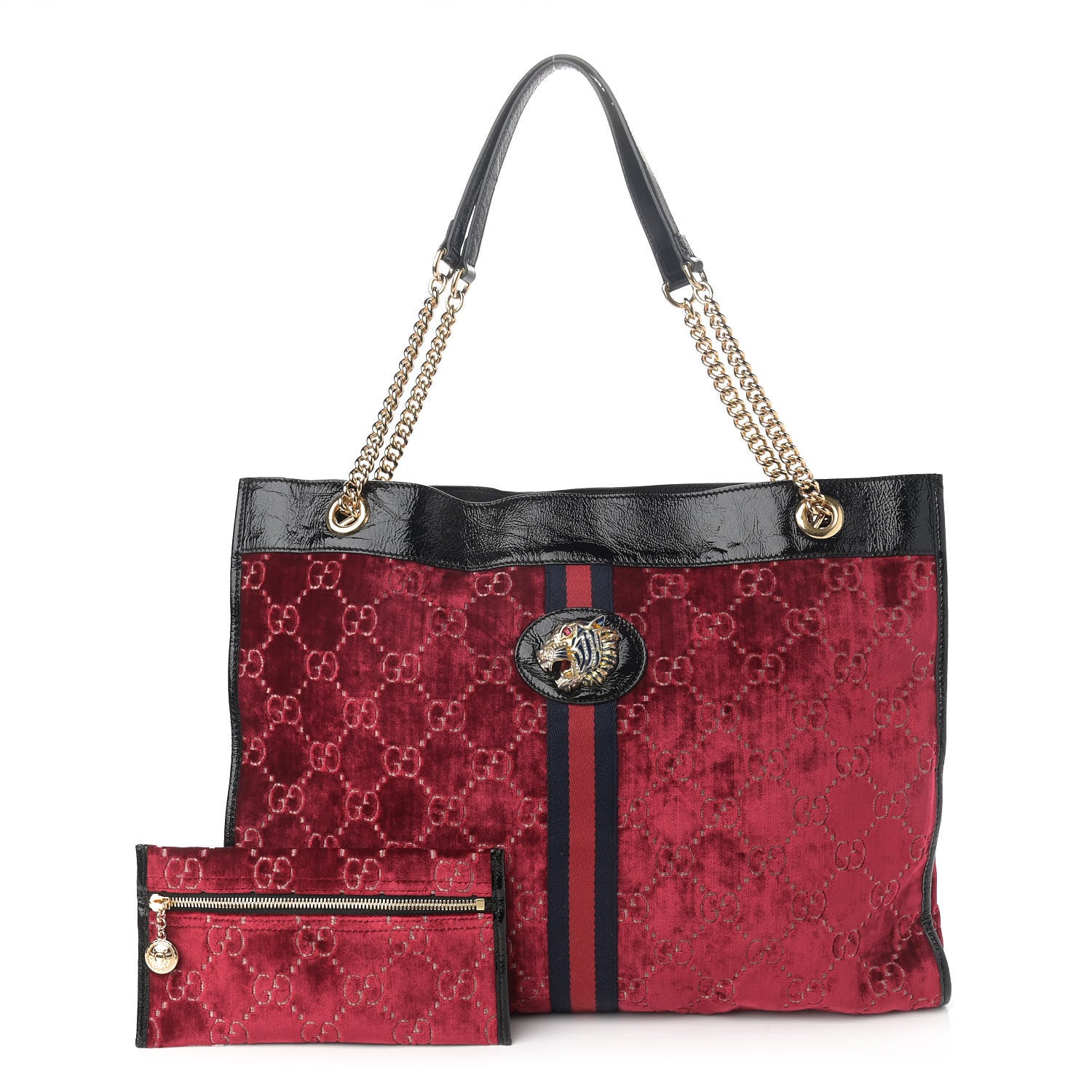 Gucci Velvet GG Monogram Large Rajah Chain Tote Red Cipria Black 1 of 16