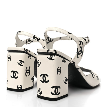 Chanel Printed Lambskin CC Sandals 39.5 White Black 4 of 9