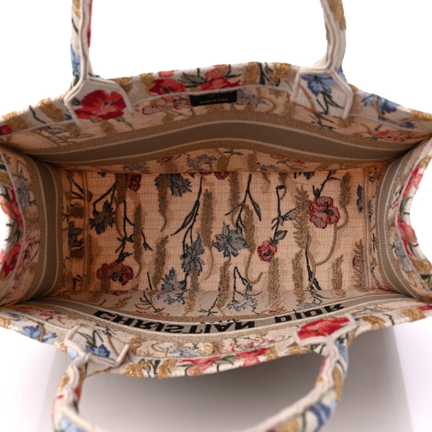 Canvas Embroidered Medium Hibiscus Book Tote Beige Multicolor