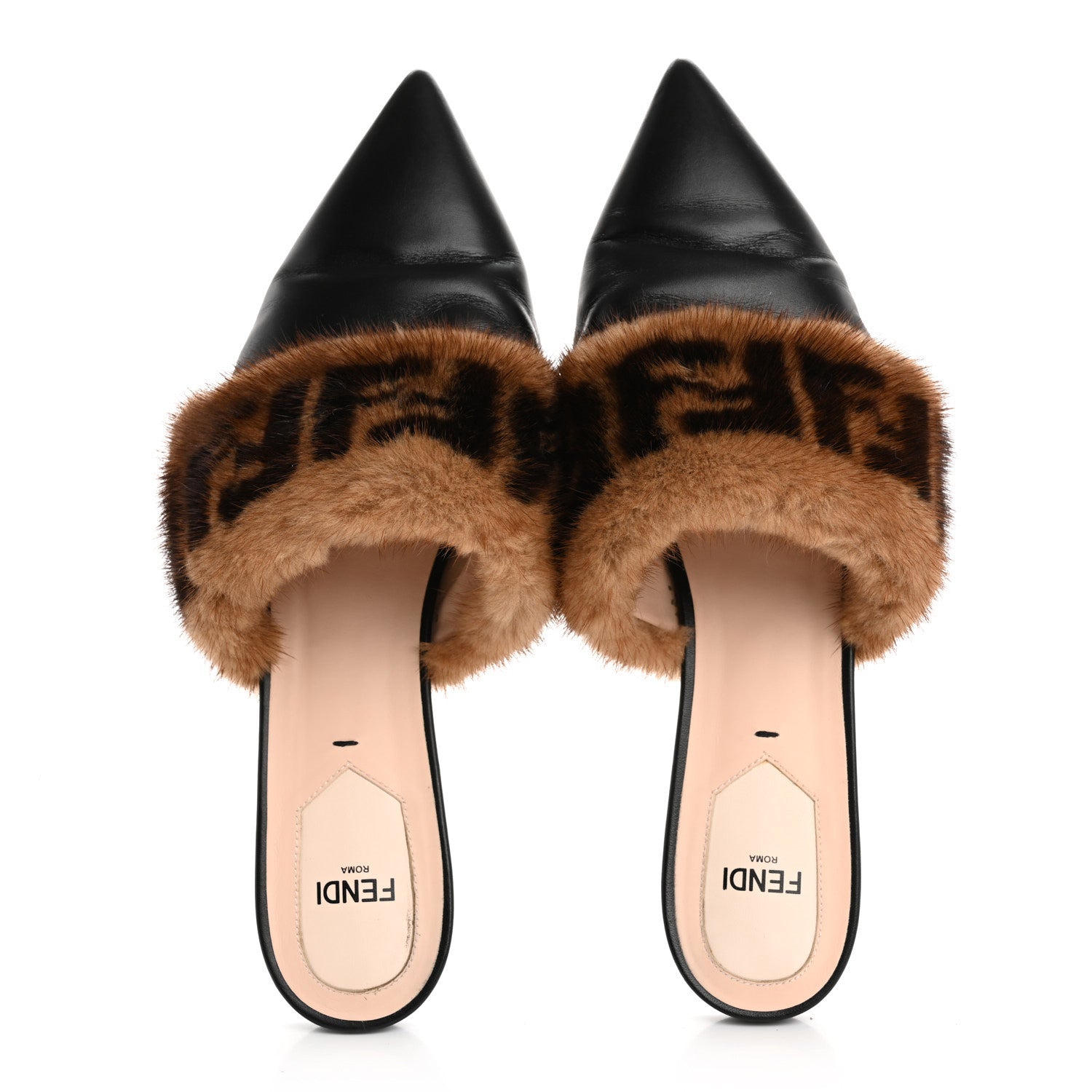Fendi Calfskin Mink Fur FF Flat Mules 38.5 Black 2 of 10