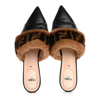 Fendi Calfskin Mink Fur FF Flat Mules 38.5 Black 2 of 10