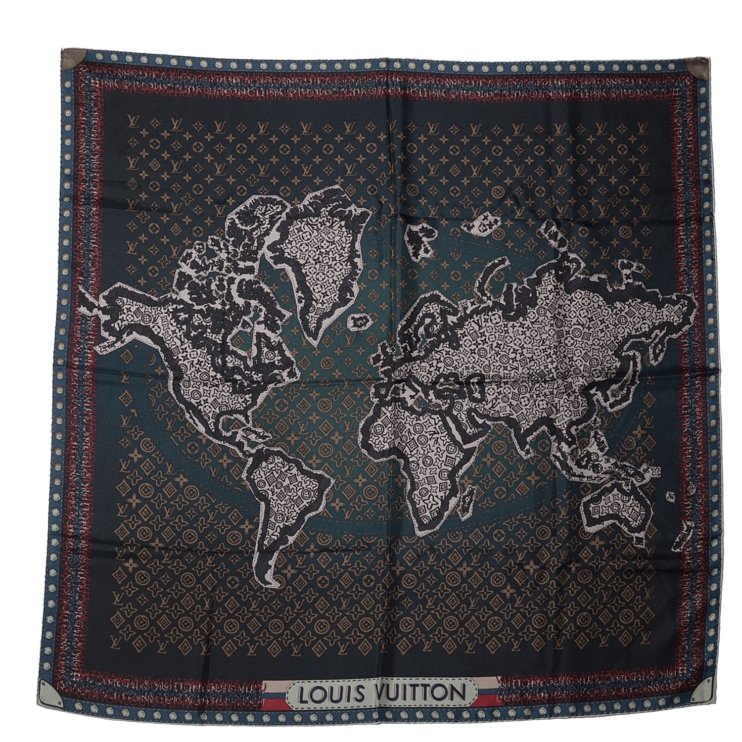 Louis Vuitton Silk Monogram Map Square Scarf Petrole Blue 2 of 5