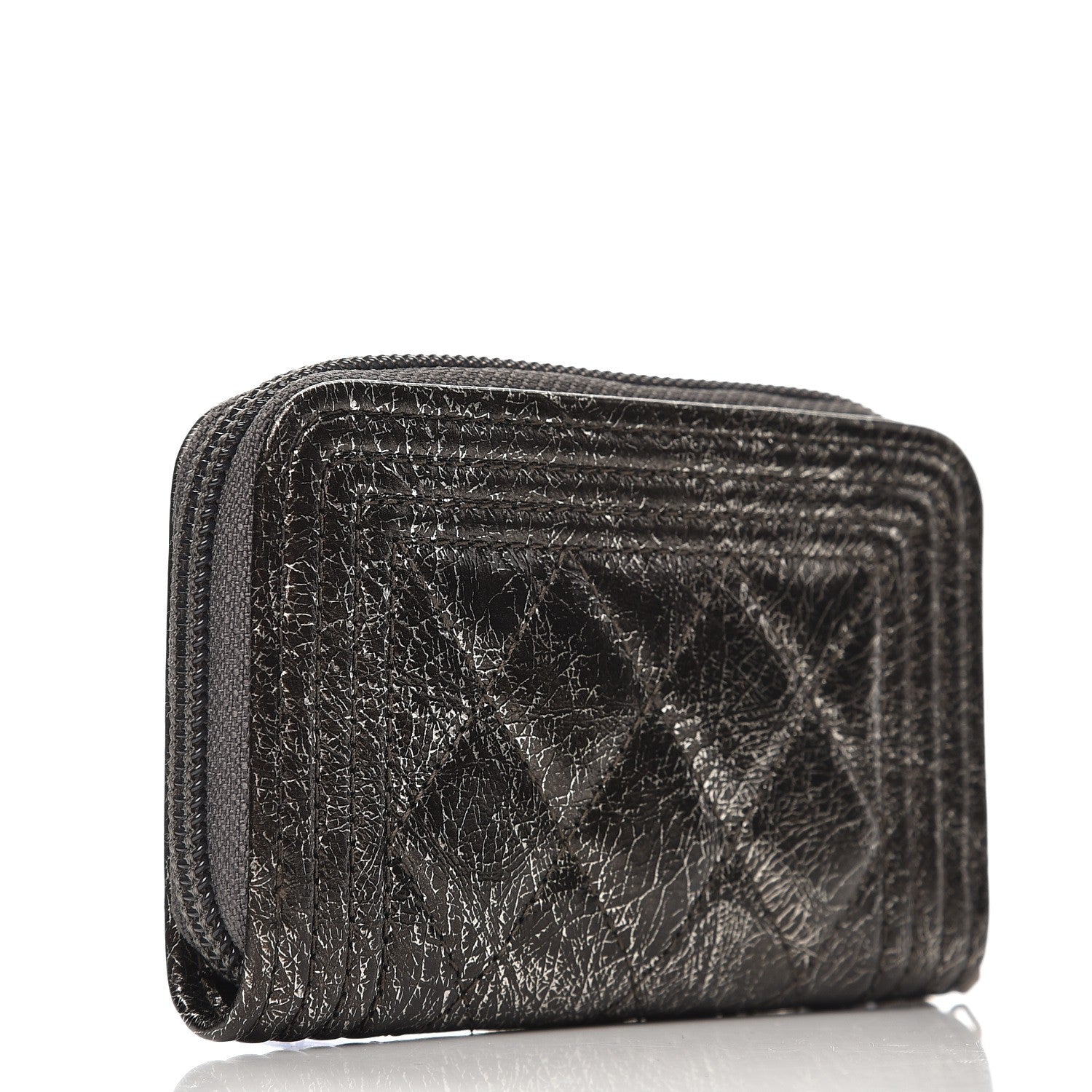 Chanel Cracked Metallic Calfskin Quilted Boy Zip Around Coin Purse Wallet Dark Silver 3 of 8