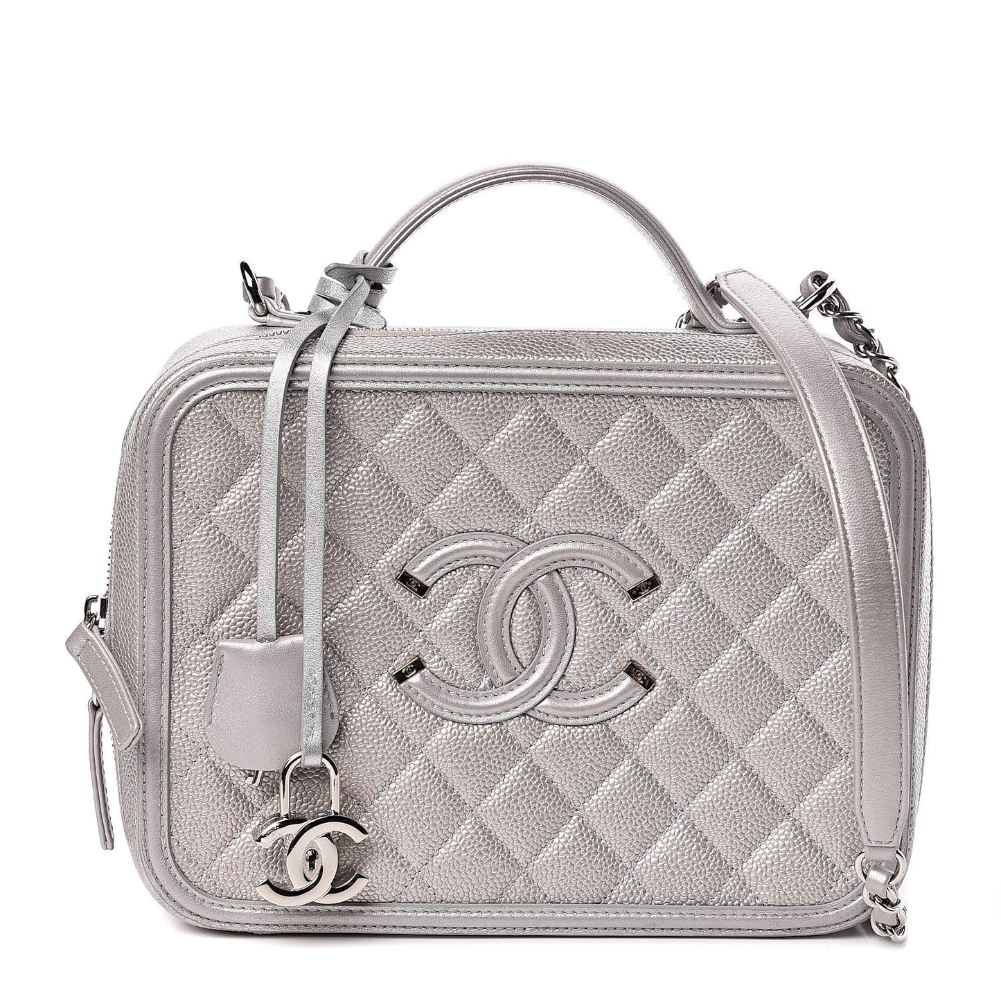 Metallic Caviar Quilted Large CC Filigree Vanity Case Silver