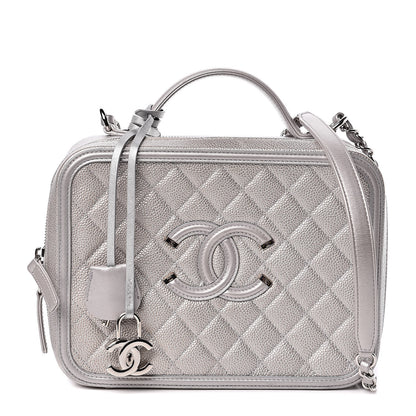 Chanel Metallic Caviar Quilted Large CC Filigree Vanity Case Silver 1 of 12