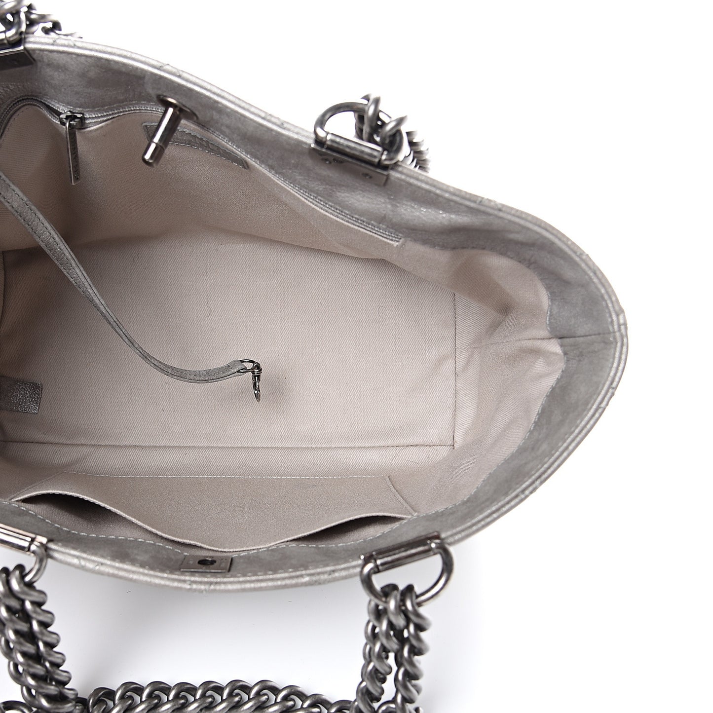 Metallic Calfskin Quilted Small Shopping In Chains Tote Silver