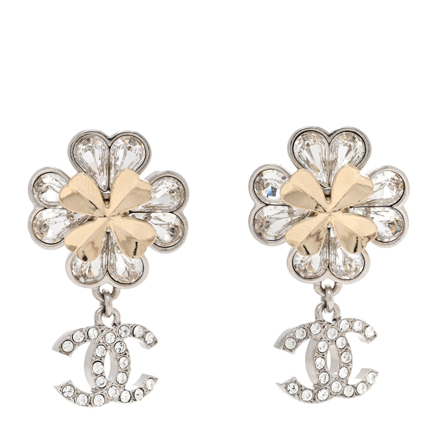 Chanel Crystal CC Clover Drop Earrings Silver Gold 1 of 5