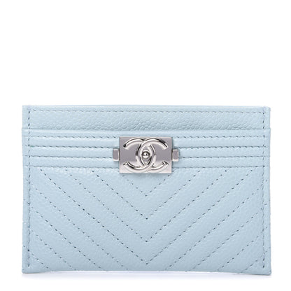 Chanel Caviar Chevron Quilted Boy Card Holder Light Blue 1 of 8