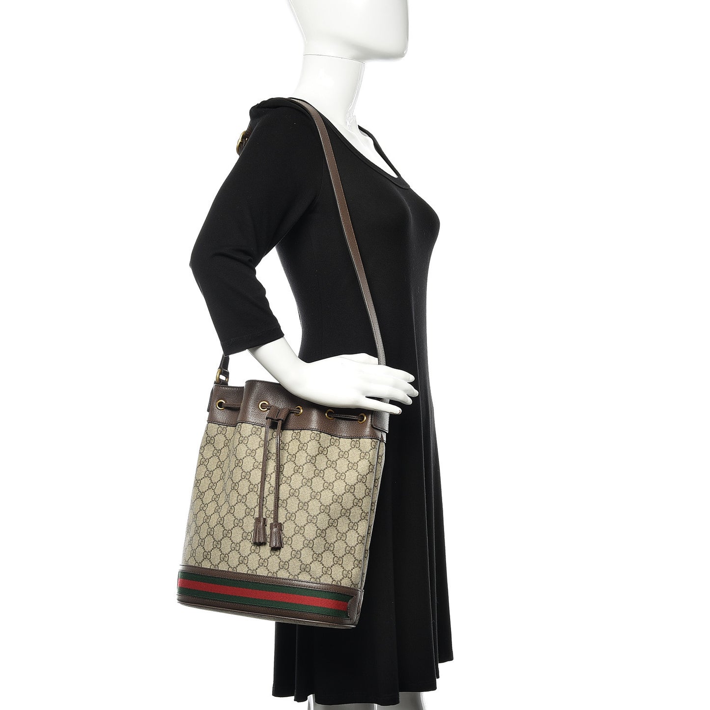 GG Supreme Monogram Web Ophidia Bucket Bag Brown