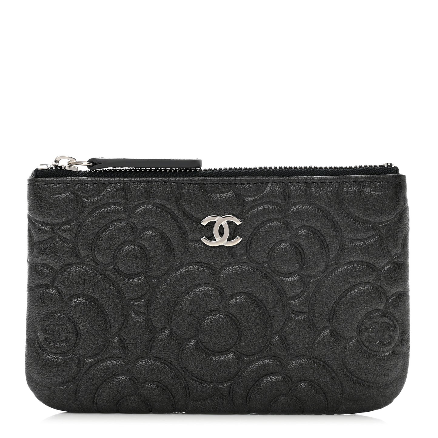 Goatskin Camellia Embossed Cosmetic Pouch Anthracite