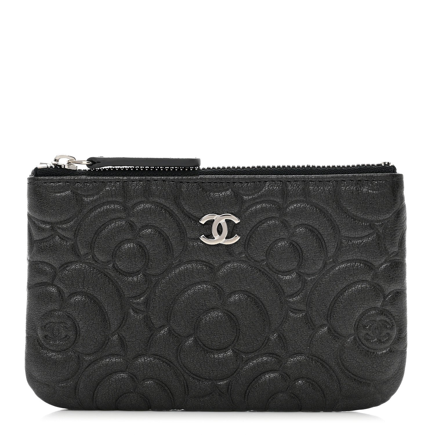 Chanel Goatskin Camellia Embossed Cosmetic Pouch Anthracite 1 of 8