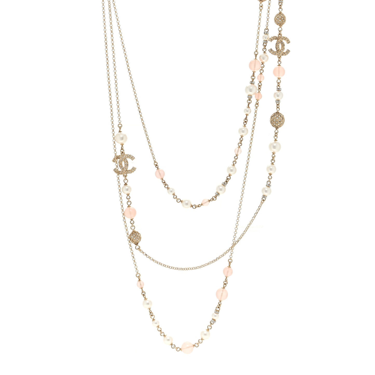 Pearl Crystal Resin CC Beaded Long Necklace Gold Pearly White Pink