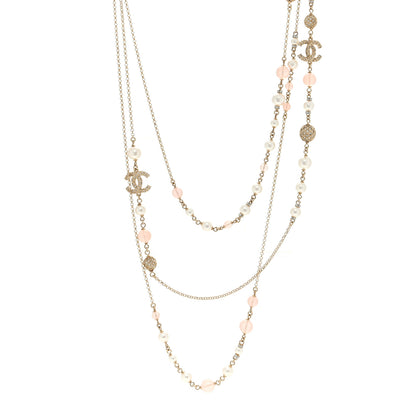 Chanel Pearl Crystal Resin CC Beaded Long Necklace Gold Pearly White Pink 1 of 4