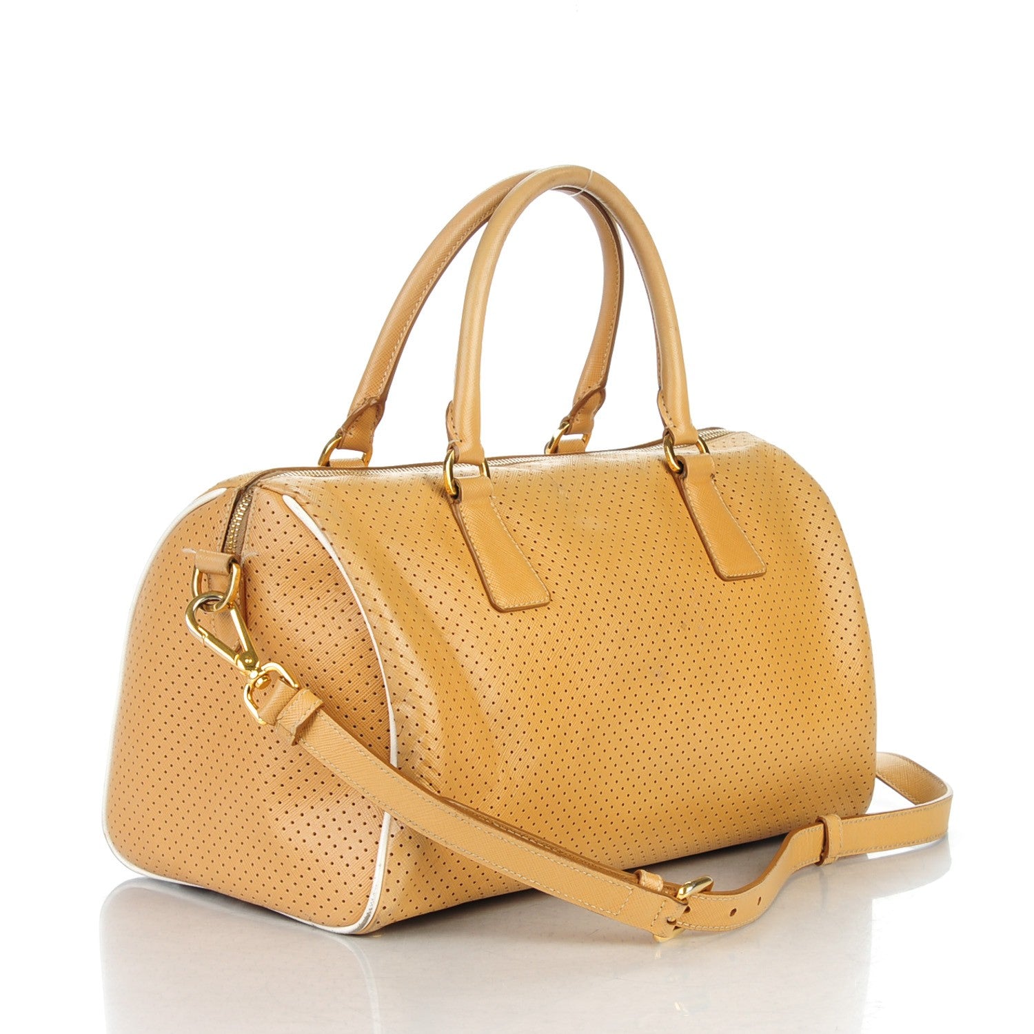 Prada Saffiano Perforated Bauletto Cammello 3 of 10