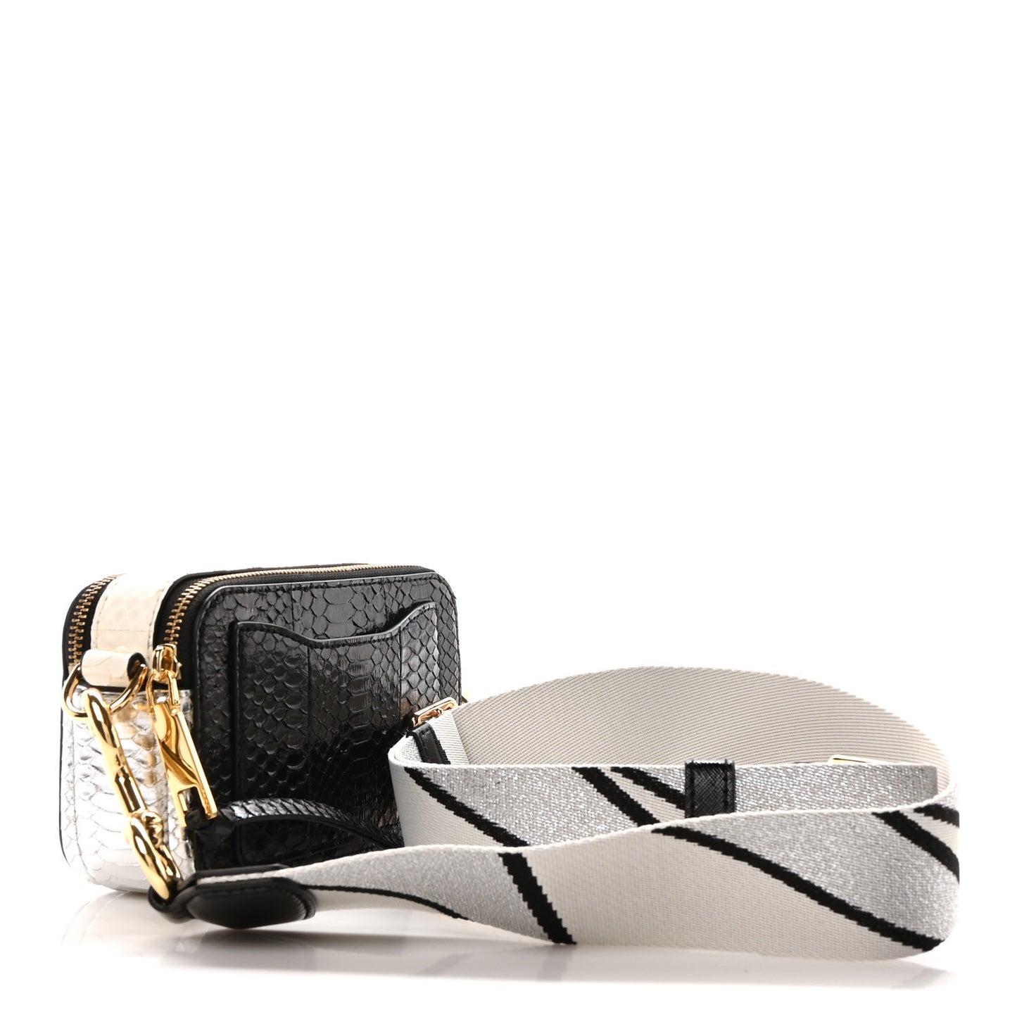 Calfskin Snake Embossed Snapshot Camera Bag Black White Silver