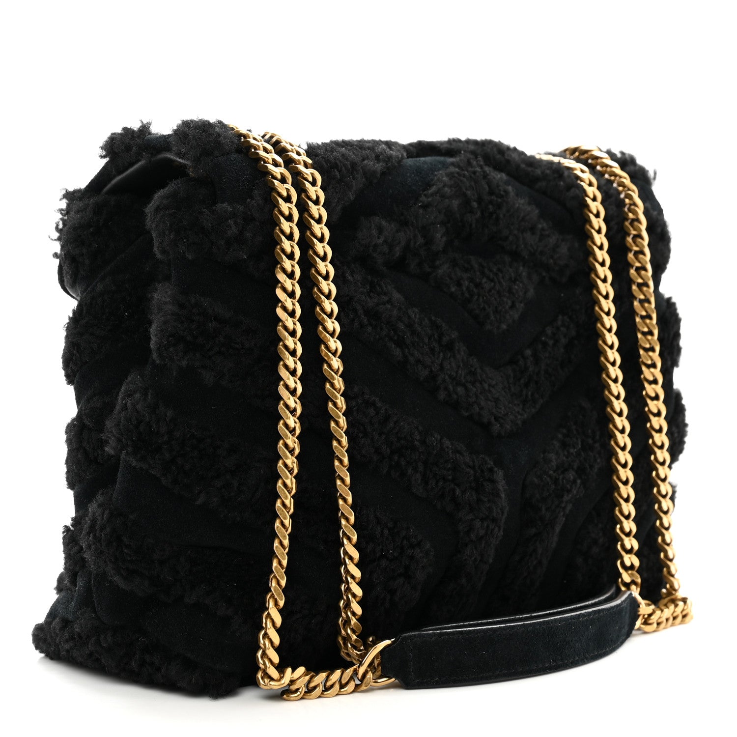 Saint Laurent Suede Shearling Y Quilted Monogram Small Loulou Chain Satchel Black 3 of 9