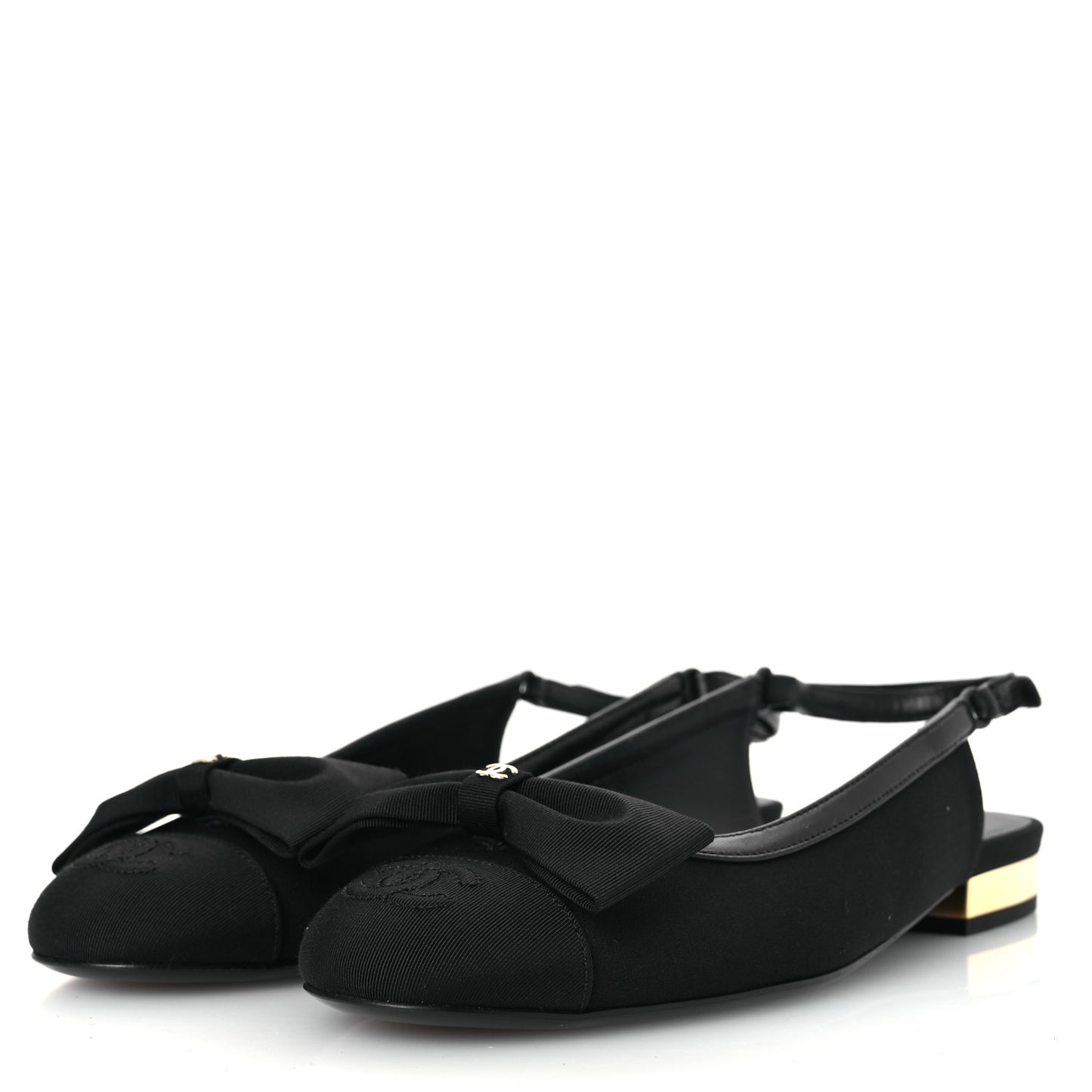 Lambskin Grosgrain Bow Cap Toe CC Slingback Flats 36 Black