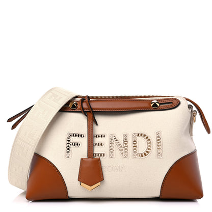 Fendi Canvas Vitello Logo Ajour Embroidered Medium By The Way Boston Bag Grezzo Cuoio 1 of 11