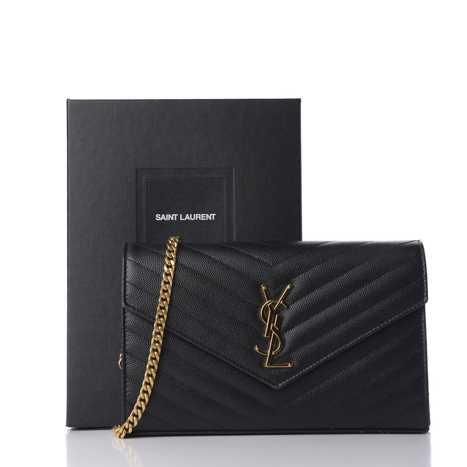 Saint Laurent Grain De Poudre Matelasse Chevron Monogram Chain Wallet Black 9 of 9