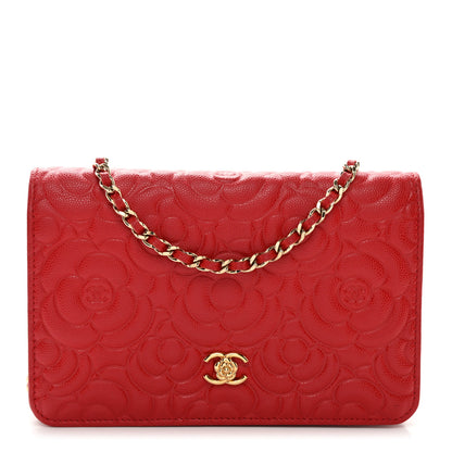 Chanel Caviar Camellia Embossed Wallet On Chain WOC Red 1 of 12