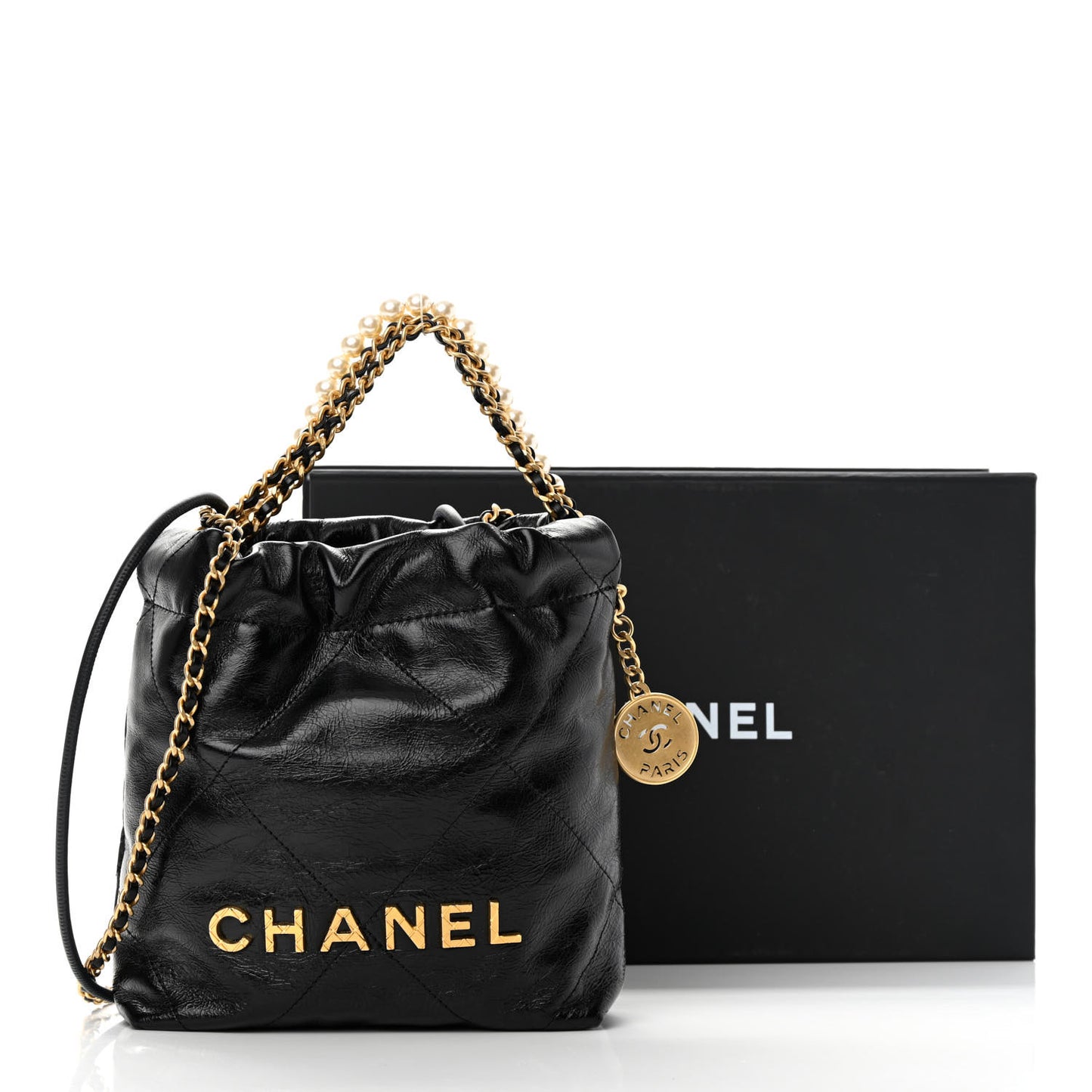 Shiny Crumpled Calfskin Quilted Pearl Mini Chanel 22 Black
