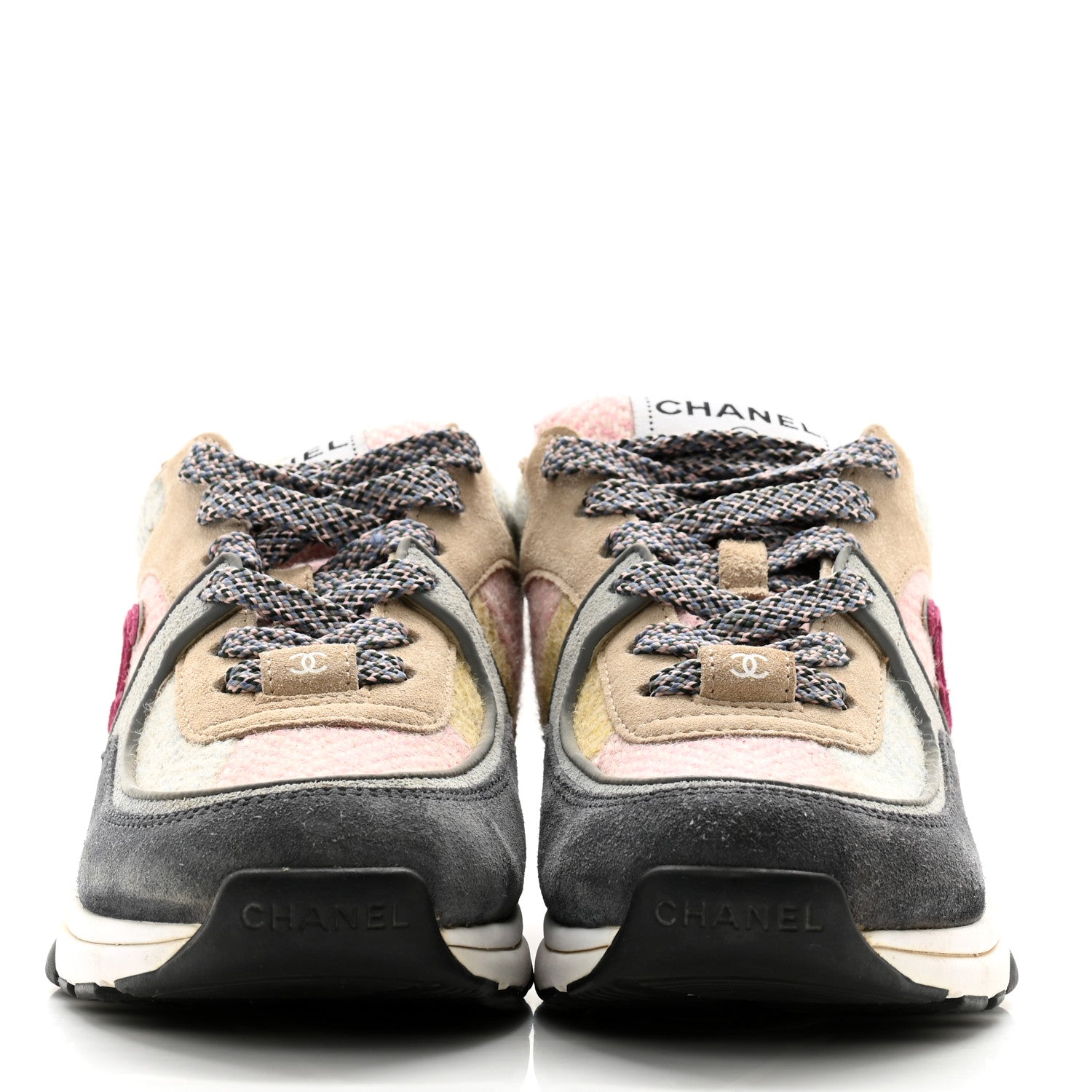 Chanel Fabric Suede Calfskin CC Sneakers 36.5 Pink Beige Multicolor 2 of 13