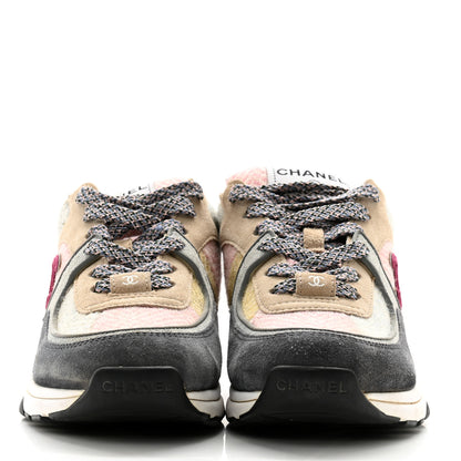 Chanel Fabric Suede Calfskin CC Sneakers 36.5 Pink Beige Multicolor 2 of 13