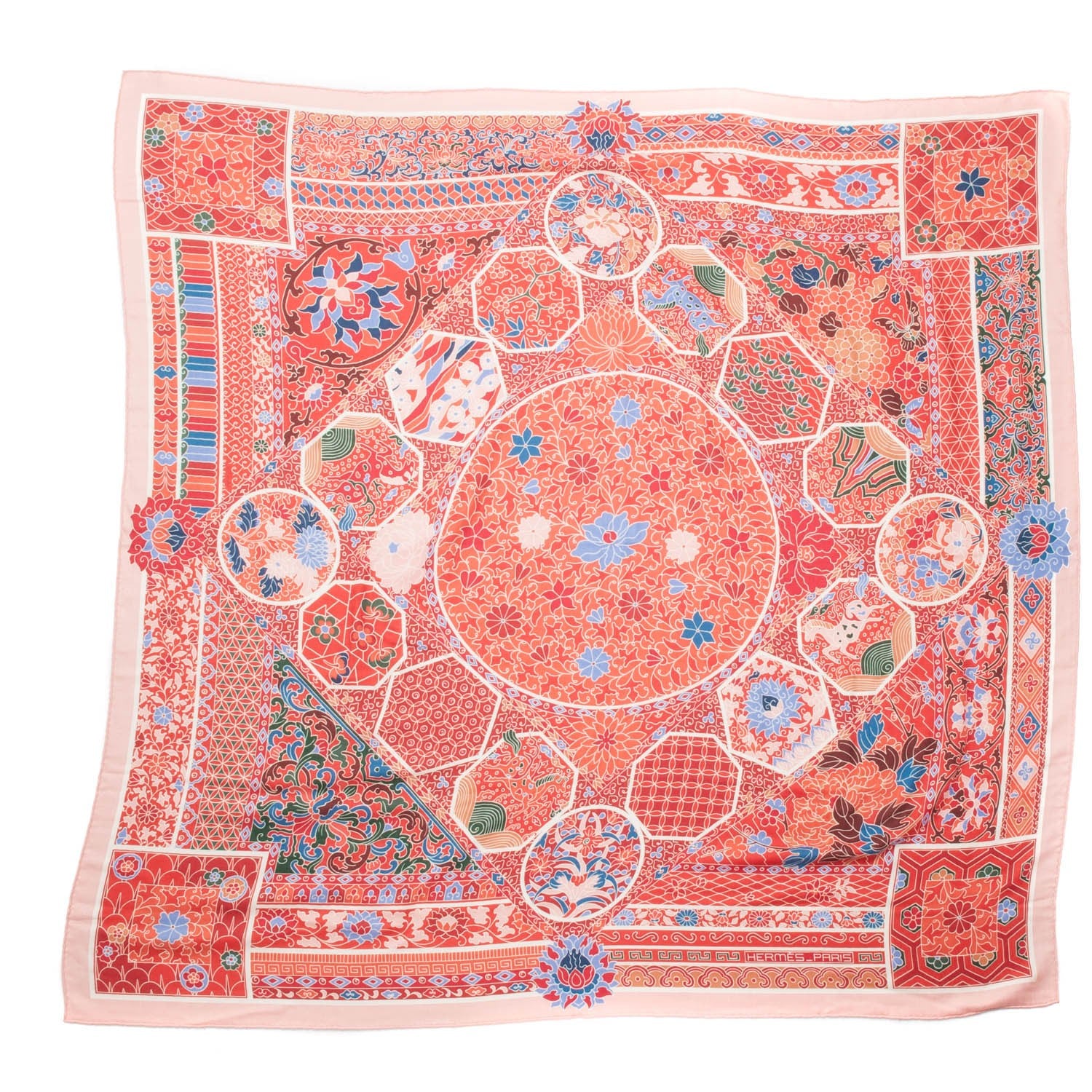 Hermes Cashmere Silk Collections Imperiales Shawl 140 Rosepale Corail Bleu 1 of 5