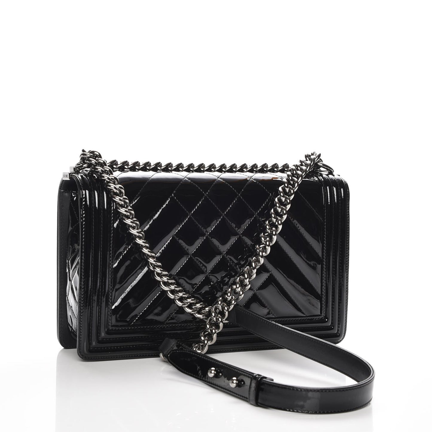 Patent Chevron Quilted New Medium Boy Flap Black