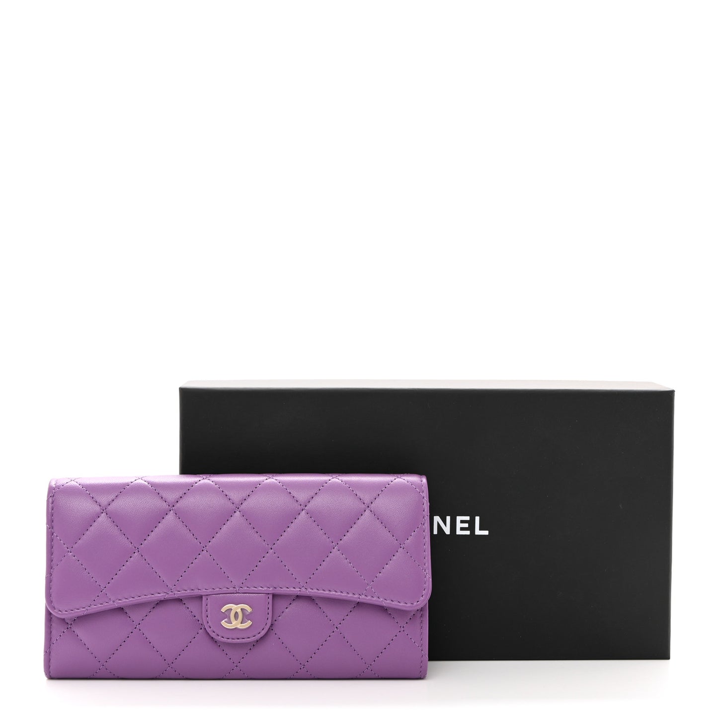 Lambskin Quilted Large Flap Wallet Purple
