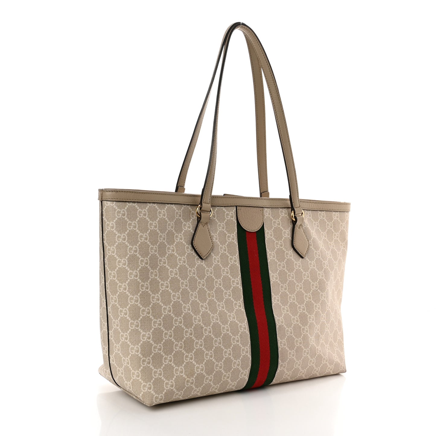 GG Supreme Monogram Textured Dollar Calfskin Web Medium Ophidia Shopping Tote Beige Mystic White Oatmeal