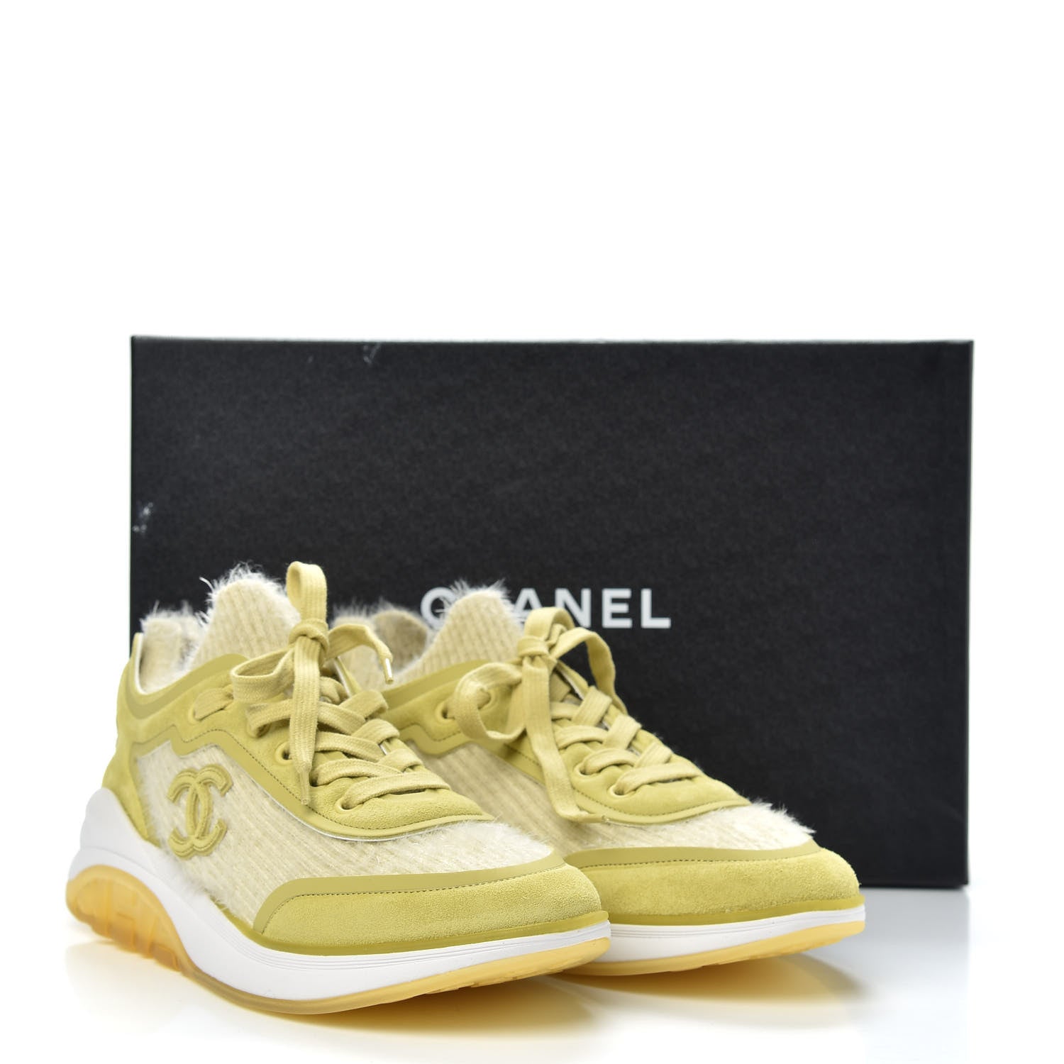 Chanel Suede Calfskin Stretch Fabric CC Sneakers 37.5 Yellow 8 of 8