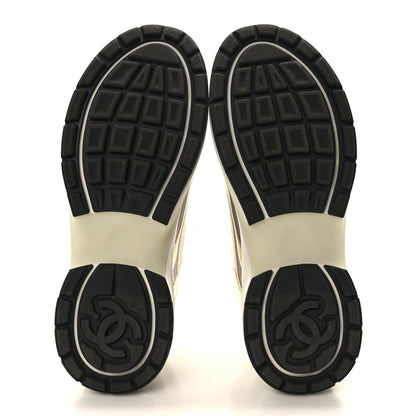 Chanel Fabric Laminated Calfskin Stretch CC Womens Sneakers 38.5 White Gold Silver 6 of 10
