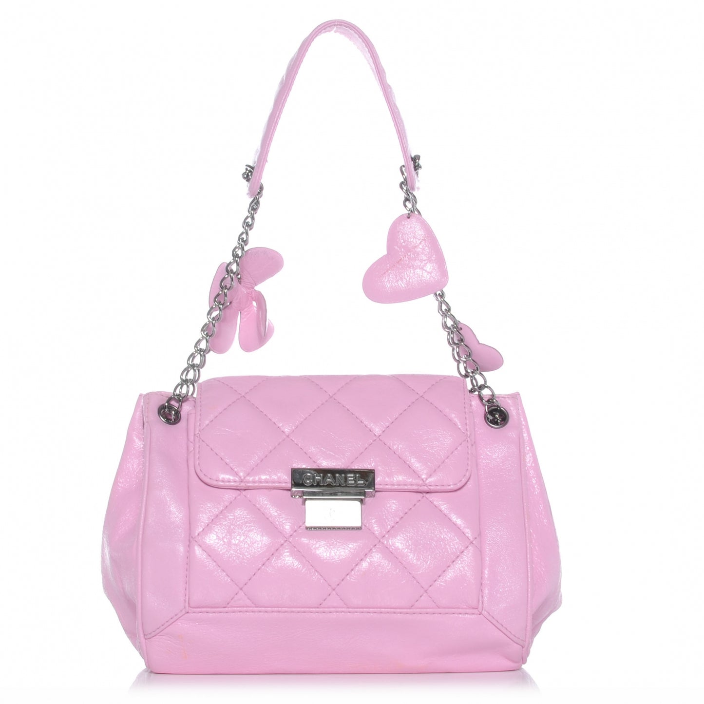 Glazed Calfskin Quilted Lucky Charms Accordion Flap Pink