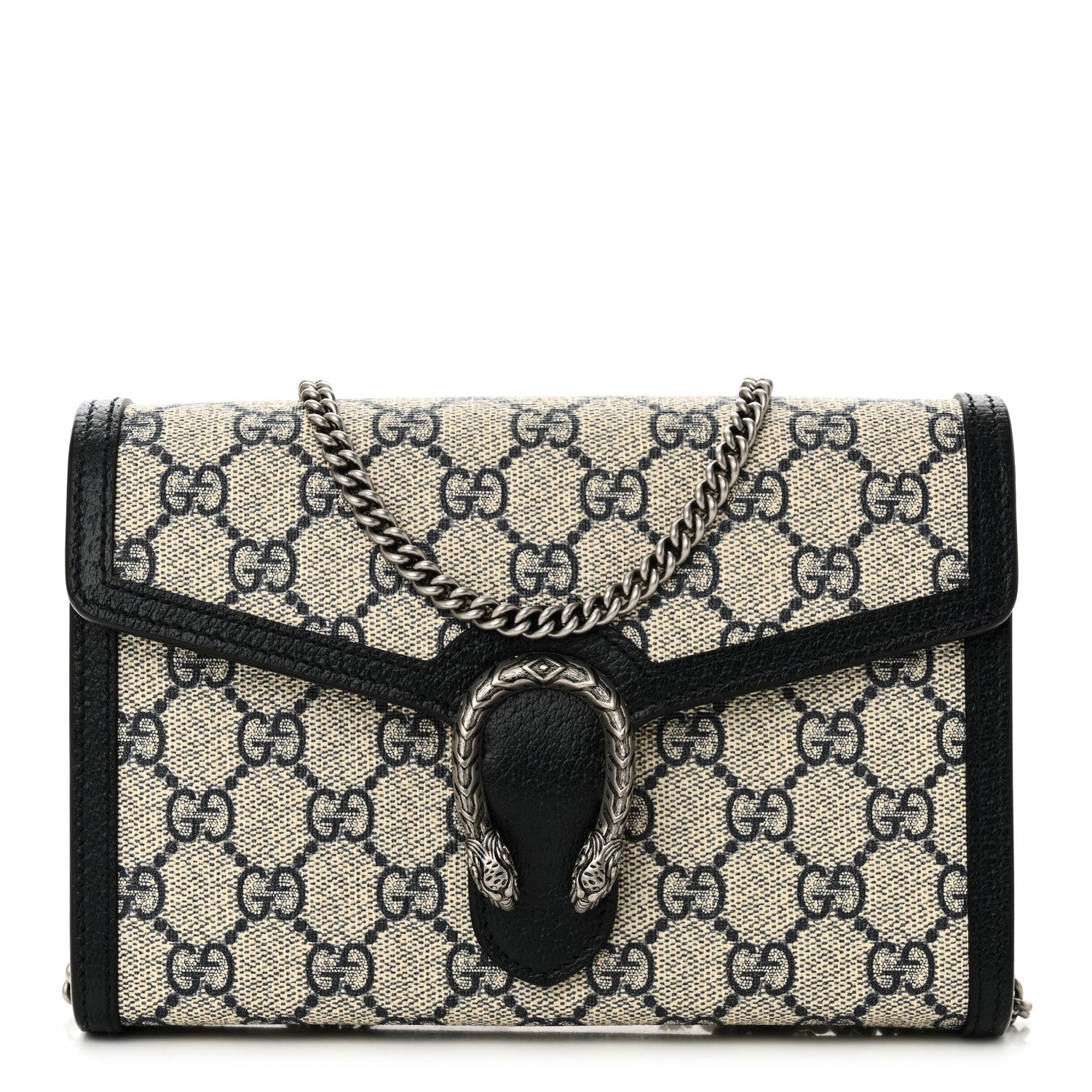Gucci GG Supreme Monogram Textured Dollar Calfskin Mini Dionysus Chain Wallet Beige Blue 1 of 10