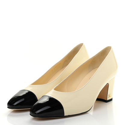 Chanel Patent Calfskin Cap Toe Pumps 37 Beige Black 3 of 10