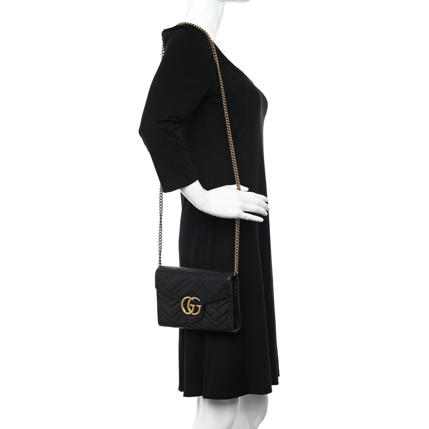 Gucci Calfskin Matelasse GG Marmont Chain Wallet Black 3 of 15