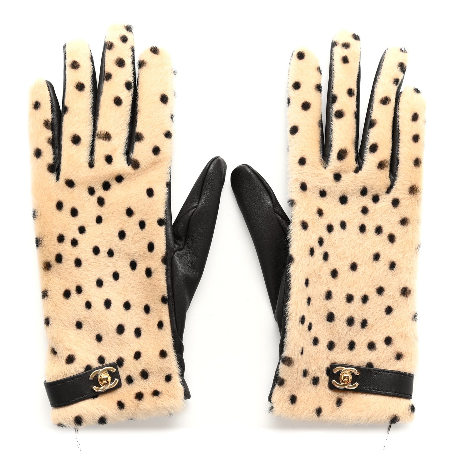 Lambskin Ponyhair Gloves 7.5 Beige Black