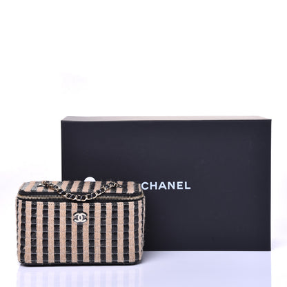 Chanel Raffia Jute Striped Small Vanity Case With Chain Black Beige 10 of 10