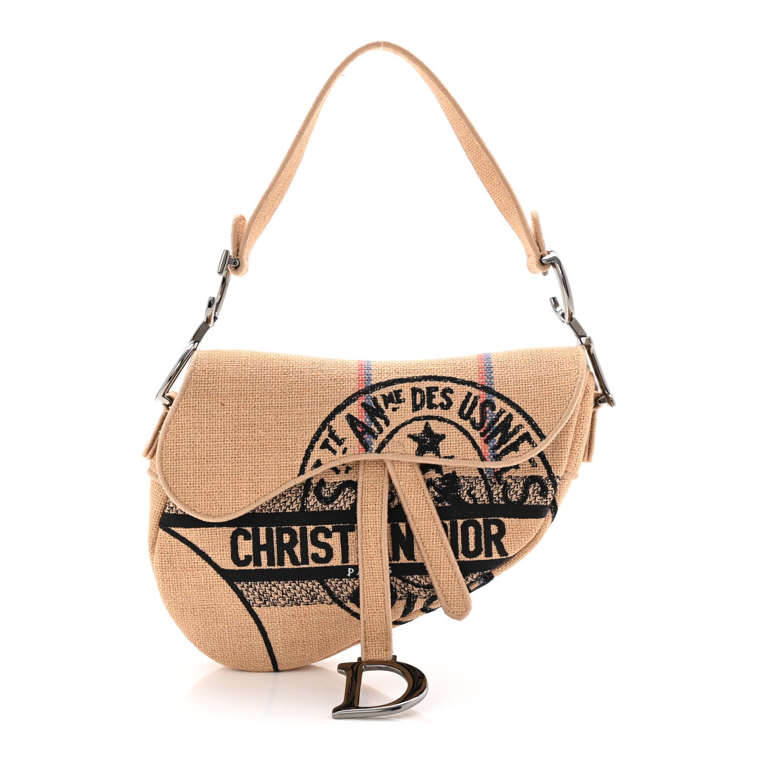 ディオール DIOR BAG Christian Dior Canvas Jute Embroidered Saddle Bag Black Beige